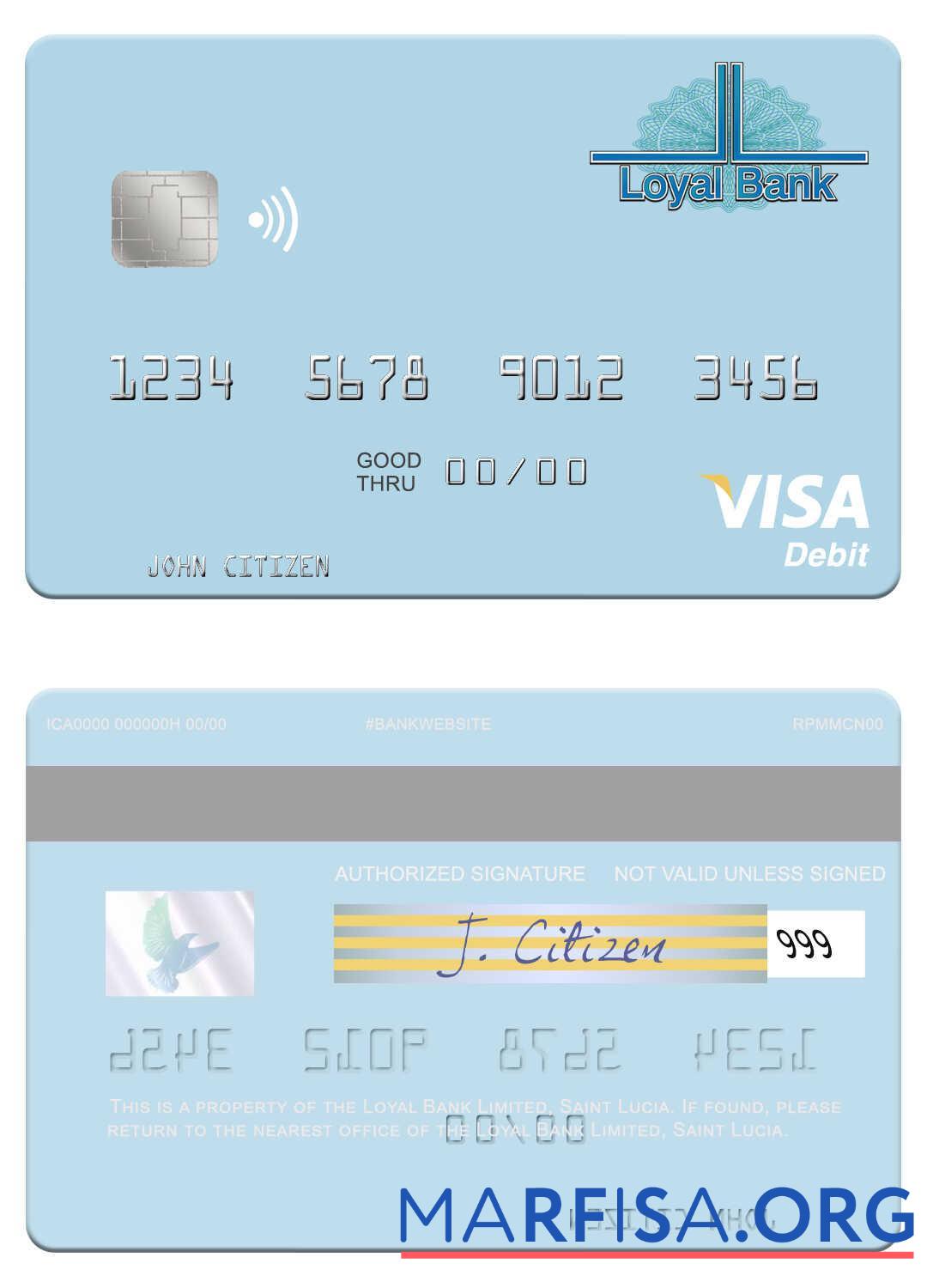 Printable Saint Lucia Loyal Bank Limited visa debit card example